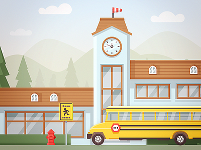 School bus child theme childbook children clock clocktower cloud flat icon set icons illustration illustrations mountains nature school stop sign ui warm website yellow