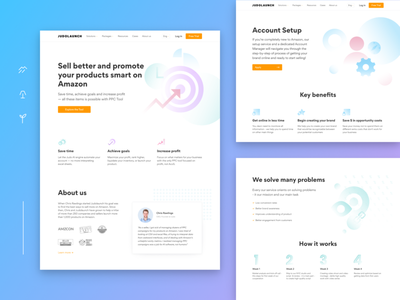 Judolaunch. PPC management tools and services amazon bachoo bachoodesign business clean homepage illustrations interface landing launch minimal platform product sale seller service tool ui design ux design website