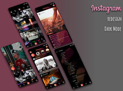 Instagram Redesign Dark Mode appdesign darkmode design figma graphic design illustrator instagram phoneapp redesign ui uiux ux