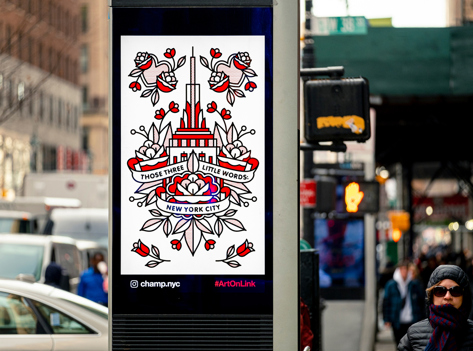 Lisa Champ X Link NYC for Valentines Day 2020 billboard empire state building flower halftone illustration love mono line monoline new york city nyc pop art rose tattoo typography valentines day
