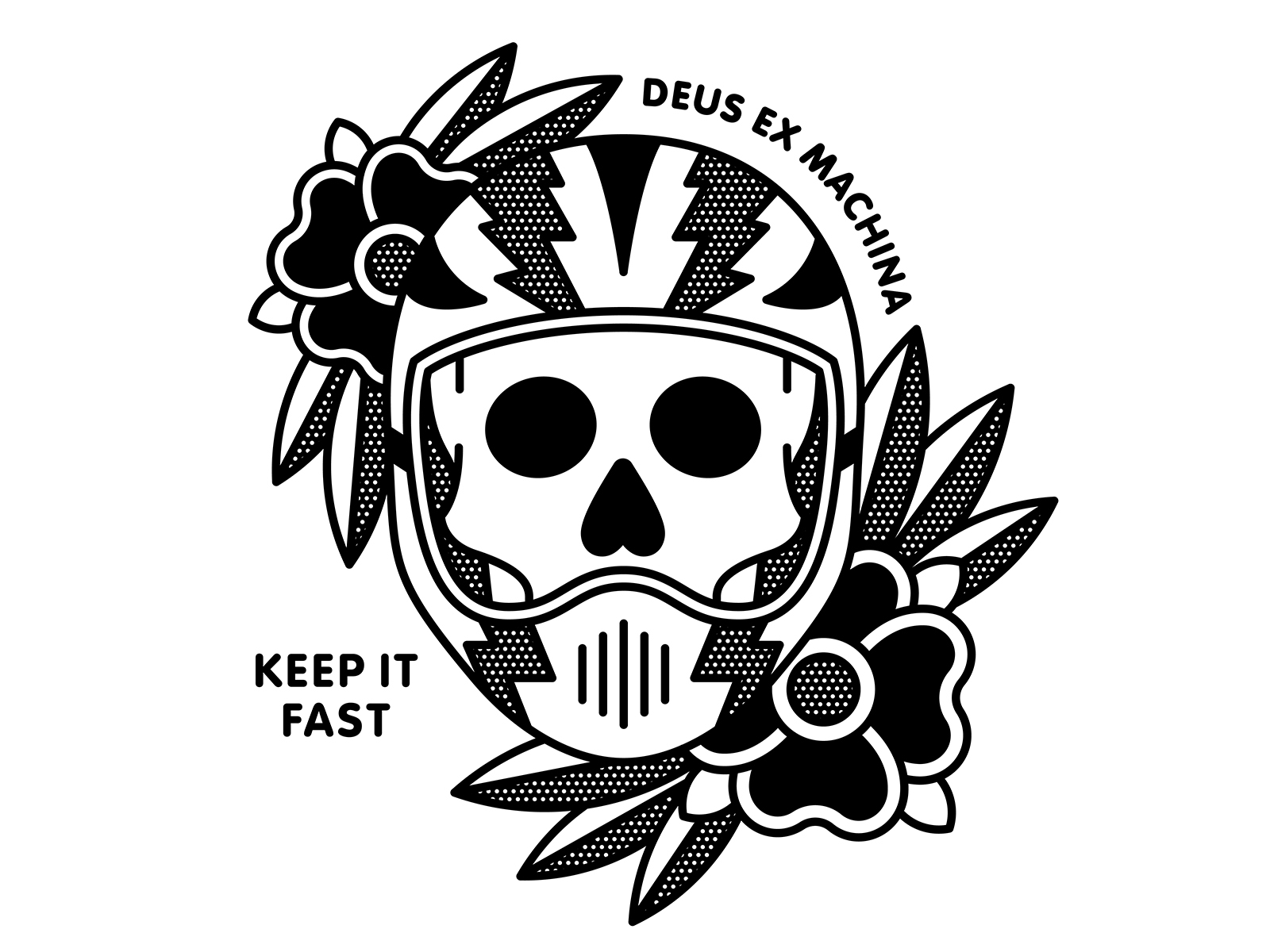 Deus Quarantee Comp apparel deus ex machina fast flower halftone helmet illustration mono line monoline motorcycle pop art racing skull tattoo typography