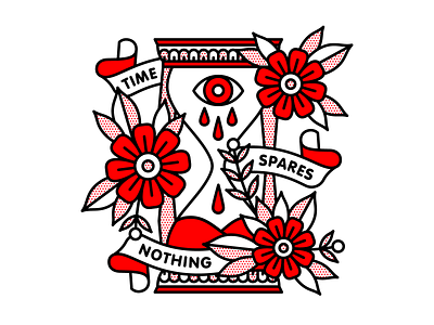 Time Spares Nothing eye flowers halftone hourglass illustration mono line monoline pop art tattoo time typography