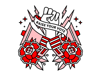 Raise Your Vote fist flower halftone illustration megaphone mono line monoline politics pop art tattoo typography voice vote