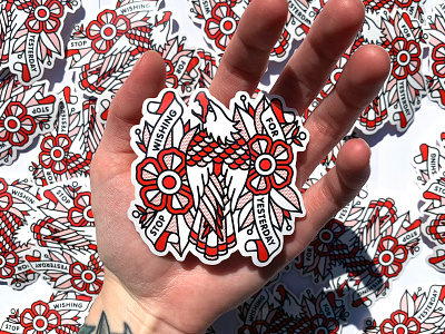 Stop Wishing For Yesterday Sticker eagle flower halftone illustration mono line monoline pop art red sticker sticker design tattoo typography
