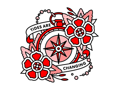 Tides Are Changing. change compass flower halftone illustration mono line monoline nautical pop art red sailor tattoo tide typography