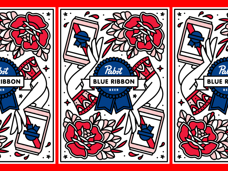 Pabst Blue Ribbon Label beer beer can can halftone illustration label mono line monoline pabst blue ribbon package design packaging pbr pop art tattoo