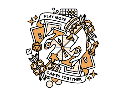 Play More Games Together board game chess dice games halftone illustration meeple mono line monoline playingcards pop art spinner tattoo typography