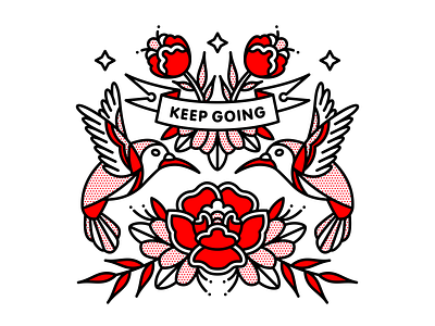 Keep Going bird flash sheet halftone hummingbird illustration monoline pop art positivity rose tattoo typography