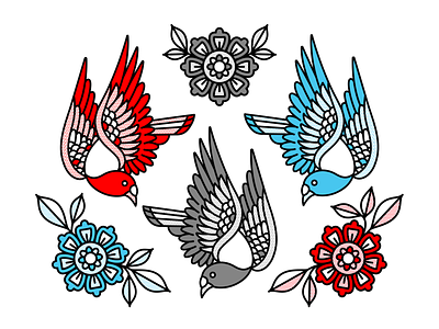 Color Exercise. bird flower halftone illustration mono line monoline pop art redhalftone tattoo
