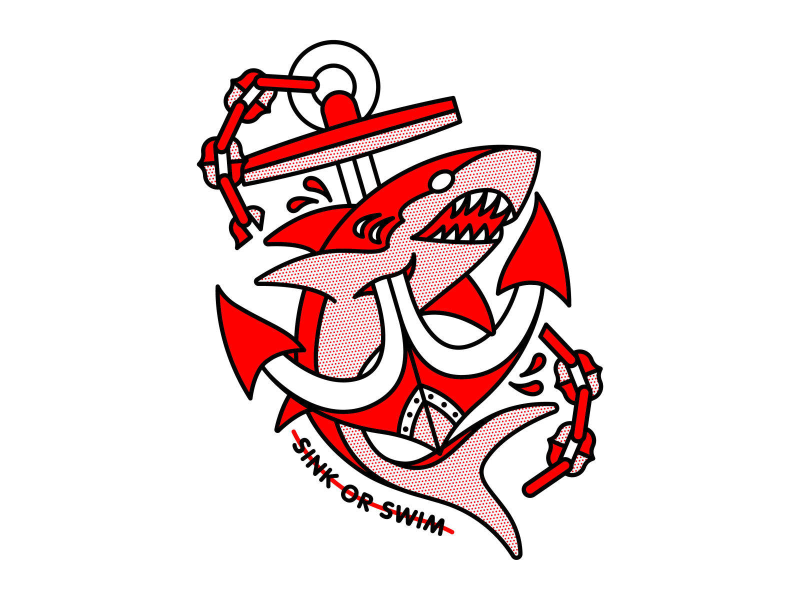 Sink or Swim anchor halftone illustration mono line monoline nautical red halftone shark tattoo