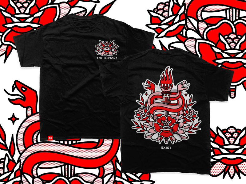 Exist | Black Tee | Preorder halftone illustration merch mono line monoline red red halftone tattoo tee tshirt