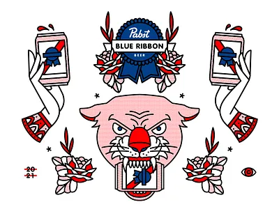 Pabst Blue Ribbon x Red Halftone flashsheet halftone illustration monoline pabstblueribbon panther pbr redhalftone tattoo