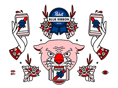 Pabst Blue Ribbon x Red Halftone flashsheet halftone illustration monoline pabstblueribbon panther pbr redhalftone tattoo