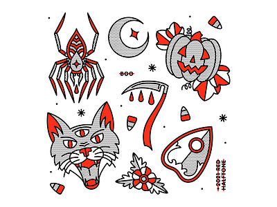 Halloween Flash Collab candycorn cat flashsheet halftone halloween illustration monoline moon ouiji planchette pumpkin spider spooky sythe tattoo