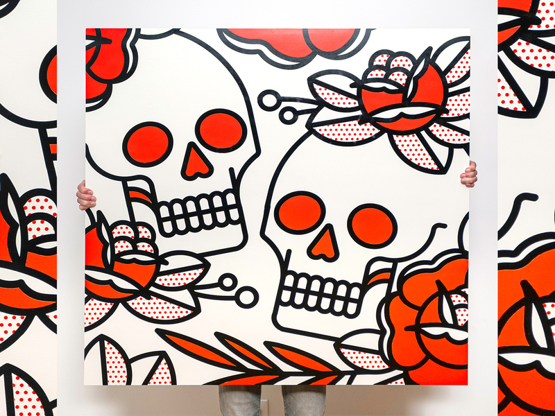 Skulls 36x36" fine art halftone illustration monoline original rose skull spray paint traditional