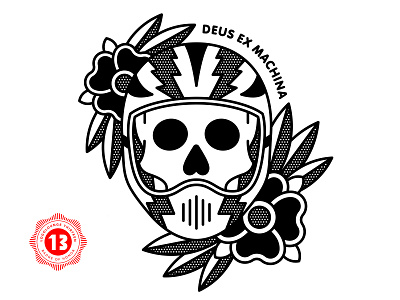 Selected for LogoLounge Book 13 deus ex machina floral halftone helmet illustration logo mono monoline moto skull tattoo