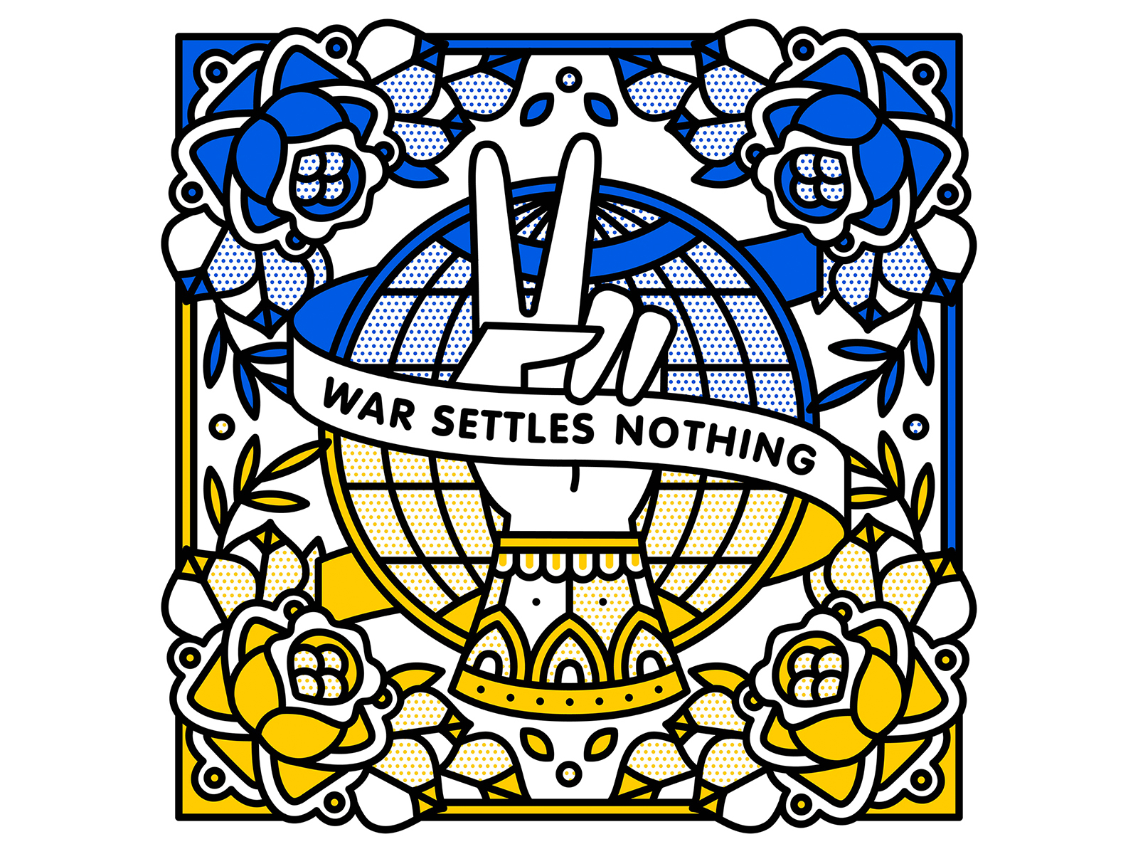 War Settles Nothing global halftone hand illustration monoline peace peace sign rose russia ukraine war world