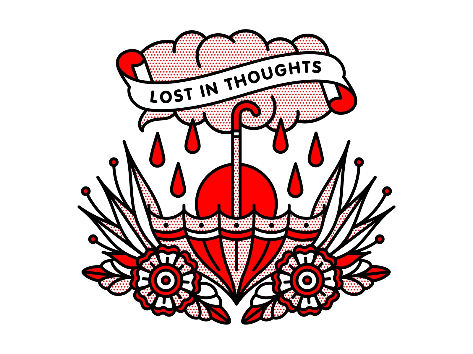Lost In Thoughts cloud halftone illustration lost monoline parasol rain storm tattoo thought umbrella