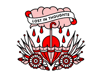 Lost In Thoughts cloud halftone illustration lost monoline parasol rain storm tattoo thought umbrella