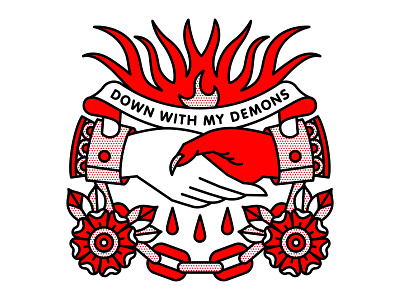 Down With My Demons chain demon devil fingers fire flames halftone hand handshake hell illustration monoline tattoo