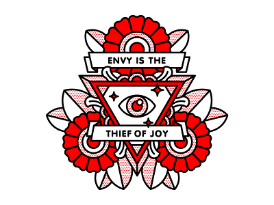 Envy is the thief of joy. eye flat flower halftone illustration monoline pop art red tattoo vector