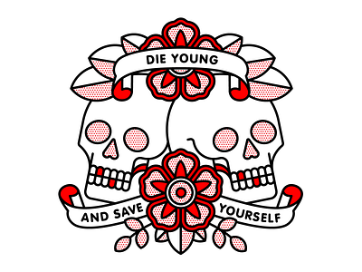 Die Young And Save Yourself brand new emo halftone illustration monoline pop art red skull tattoo vector