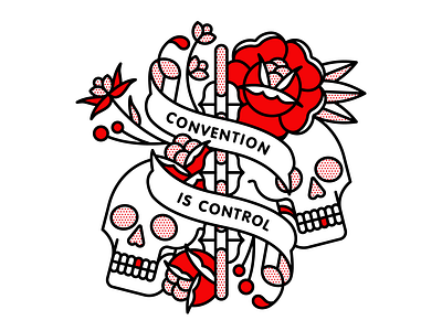 Convention is Control flat halftone illustration monoline pop art red rose skull tattoo typography