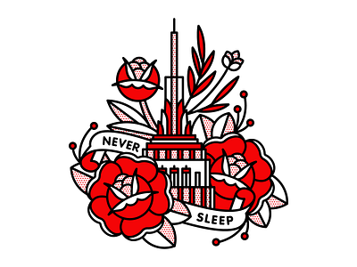 Never Sleep big apple empire state building halftone illustration monoline pop art sleep tattoo