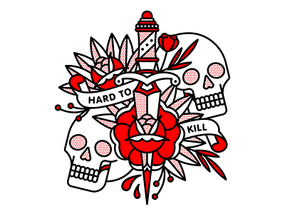 Hard To Kill dagger halftone illustration kill monoline occult pop art rose skull tattoo