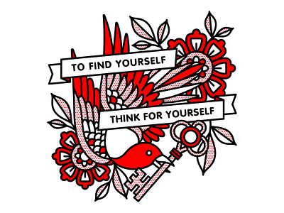 To Find Yourself Think For Yourself. bird flower flowers halftone illustration key mono line monoline pigeon pop art socrates tattoo think typography yourself
