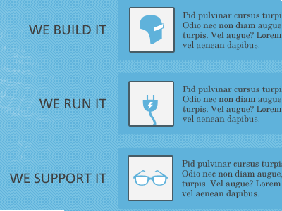 Build, Run, Support blue glasses icons plug welding mask