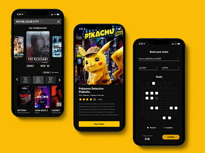 Cinema Booking app booking cinema cinema app cinema mobile dark theme dark ui design illustration logo mobile app