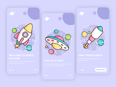 Space Onboarding Screens 🚀 app colorful cosmos design galaxy illustration mobile modern onboarding planets rocket space space ship stars telescope ui ux welcome screen