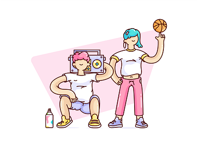 Summer vibe 2d basketball boy character character design cute design dribbble fun girl icon illustration music style summer summer time ui ux vector