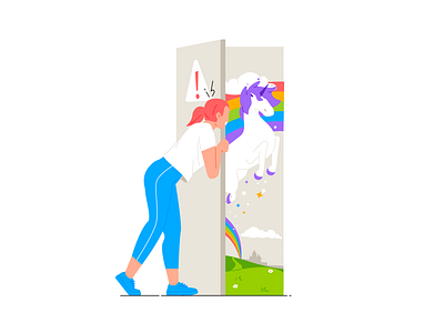 Only for employees 404 character entrance exit girl illustration rainbow unicorn vector