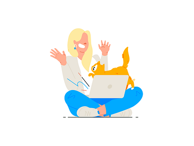Girl and cat cat character design flat girl illustration laptop line stroke vector