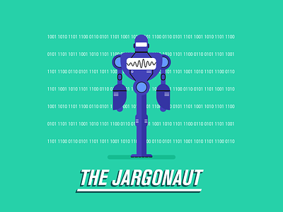 The Jargonaut ai character flat illustration machine motion numbers robot superhero villain words