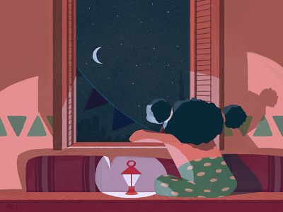 Ramadan Vibes art cairo crescent flat girl home illustration lantern light moon night nubian ramadan staring stars window