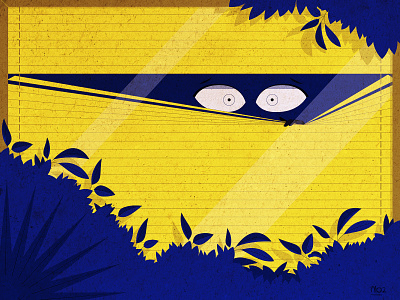 Who is there? art blue curtains eye flat illustration illustrator motiongraphic plants scared shadow strips terrified texture trees vector window yellow