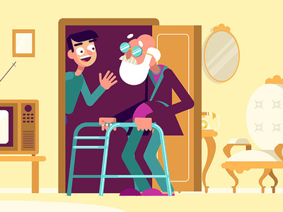 Hello Grandpa! antique app art charactedesign design flat furniture grandpa grandson illustration motiongraphic motiongraphics old house television vector