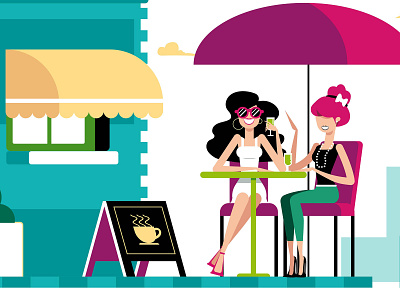 Girls Outing chair character design coffee fashion girl happy illustration motiongraphic outing shop stand table talk umbrella vector window