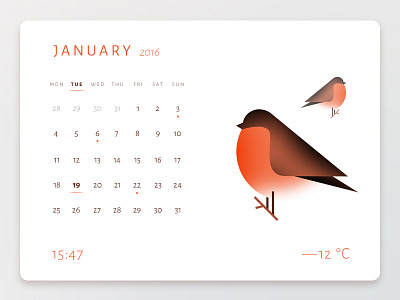Daily UI challenge #038 — Calendar app bird birds bullfinch calendar card challenge daily dailyui ui weather