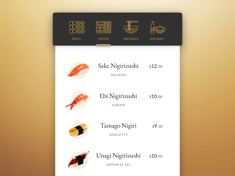 Daily UI challenge #043 — Food/Drink Menu menu sushi drink food challenge card ui dailyui daily app