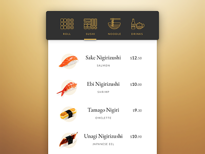 Daily UI challenge #043 — Food/Drink Menu app card challenge daily dailyui drink food menu sushi ui