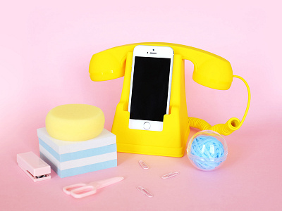 Composition #02 blue colorful desk accessories phone photography pink set design shooting wip yellow