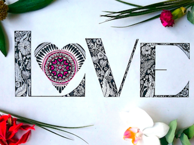 LOVE doodle floral hand illustration lettering mandala typography