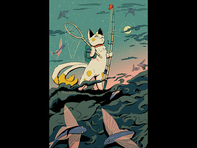 Cat in the Clouds adventure cat clouds comic cute fishing illustration inking nature stars sunrise sunset