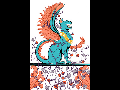 Lively Gargoyle architecture cat fantasy flowers gargoyle happy illustration ink laughing monster morning glories photoshop smile wings