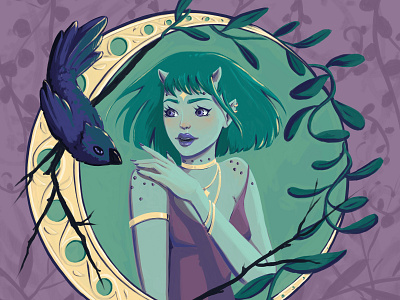 Dribbble art challenge bird character design crescent moon crow draw this in you style elf fantasy art illustration moon nature raven