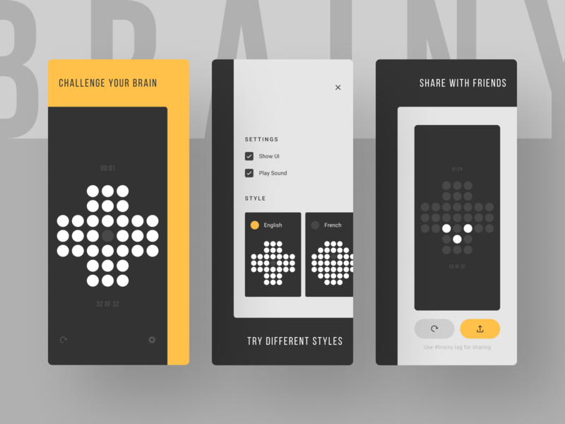 Brainy [App Store Screenshots] app screens app store brainy game design game development google play indie game dev minimal minimalist pet project screenshots ui ui design unity 3d ux ux design